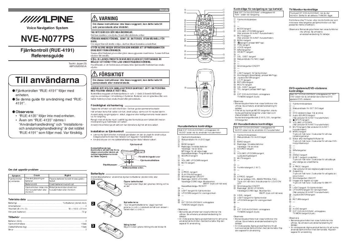 Mode d'emploi ALPINE RUE-4191 REMOTE FOR NVE-N077PS