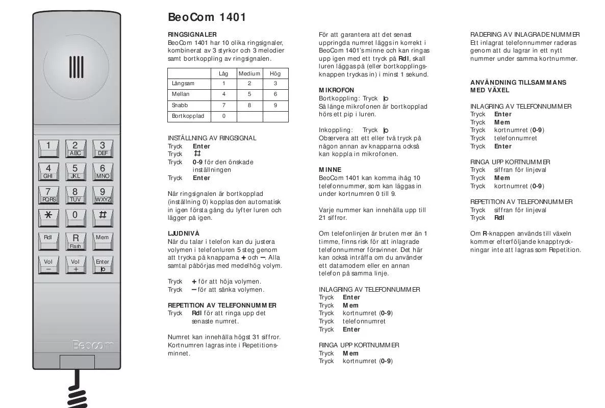 Mode d'emploi BANG & OLUFSEN BEOCOM 1401