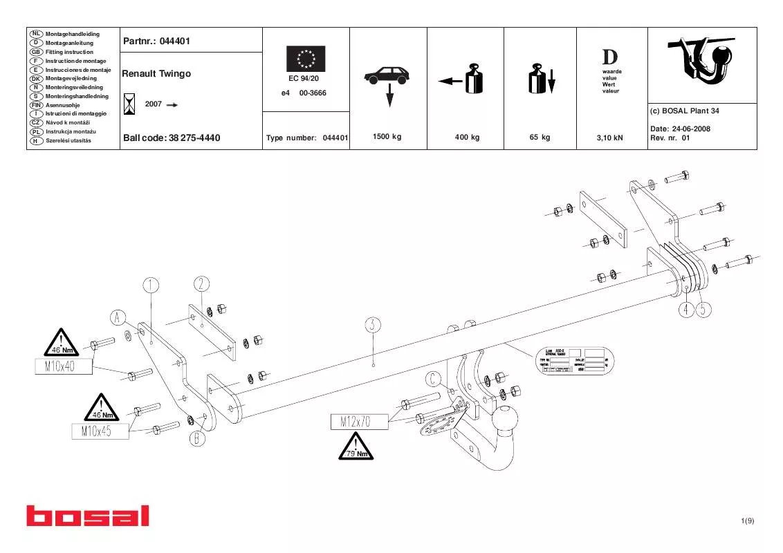 Mode d'emploi BOSAL ATTELAGE RENAULT TWINGO