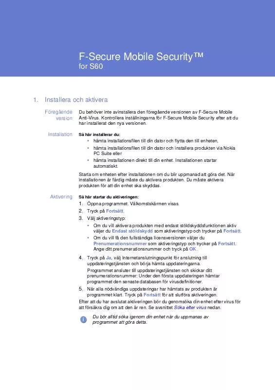 Mode d'emploi F-SECURE MOBILE SECURITY 6 FOR S60