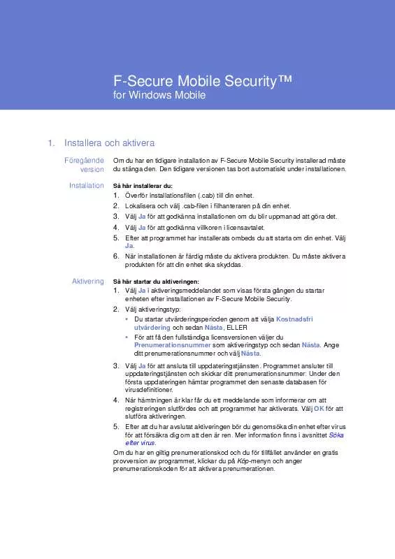 Mode d'emploi F-SECURE MOBILE SECURITY 6 FOR WINDOWS MOBILE