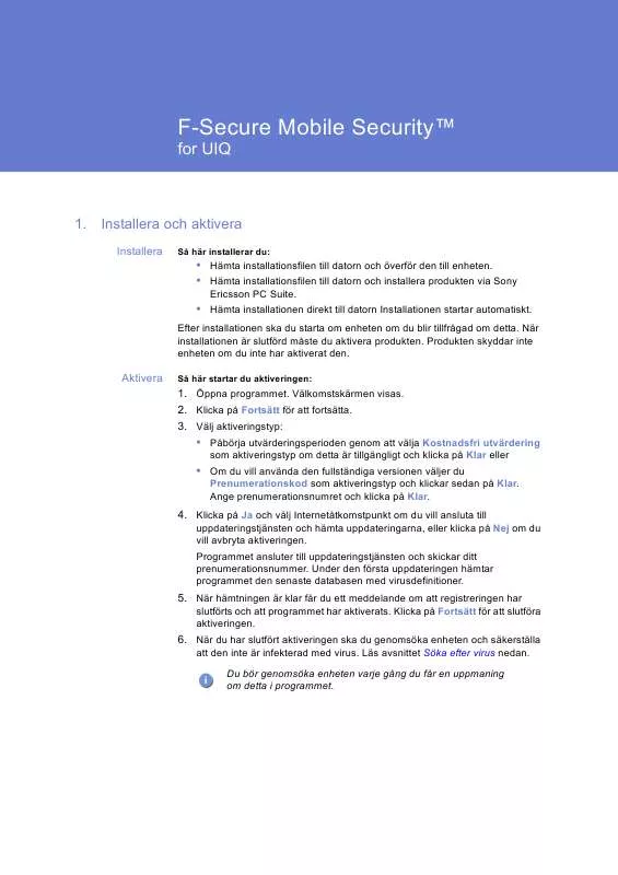 Mode d'emploi F-SECURE MOBILE SECURITY FOR UIQ