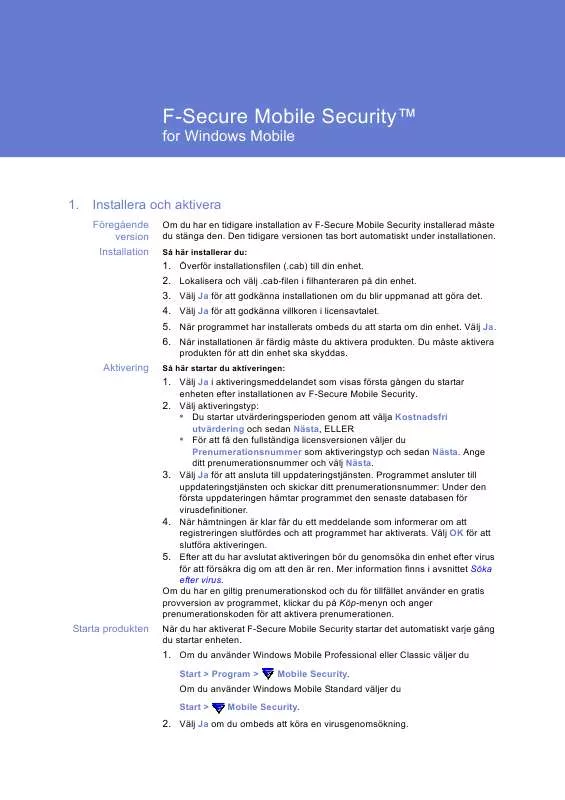 Mode d'emploi F-SECURE MOBILE SECURITY FOR WINDOWS MOBILE