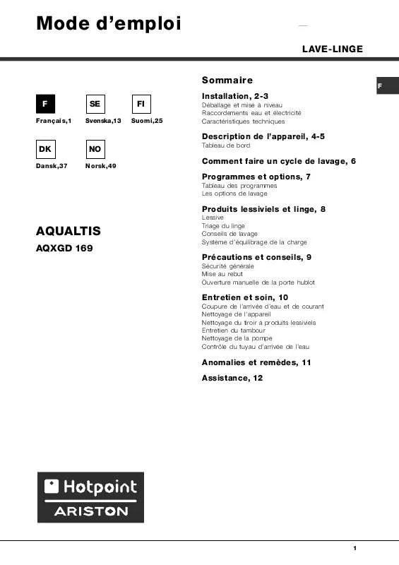 Mode d'emploi HOTPOINT AQXGD 169