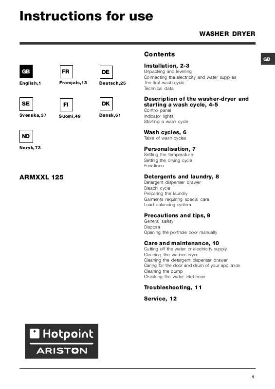 Mode d'emploi HOTPOINT ARMXXL 125