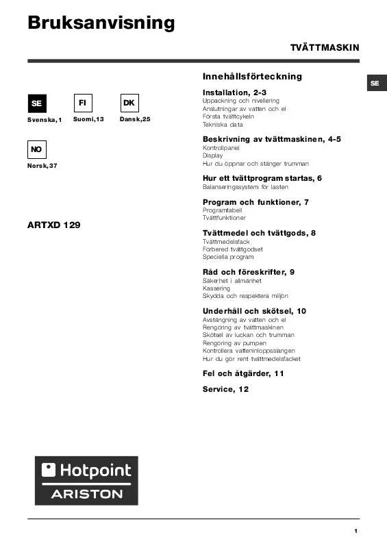 Mode d'emploi HOTPOINT ARTXD 129