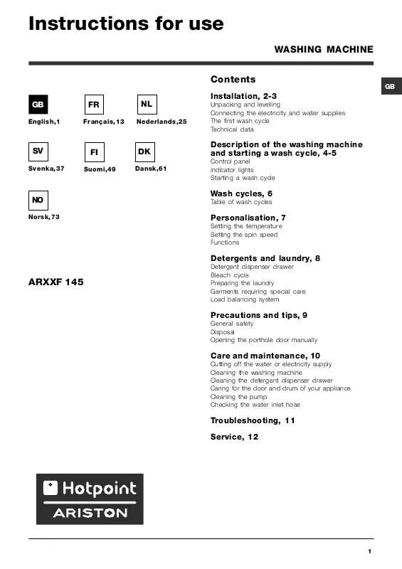 Mode d'emploi HOTPOINT ARXXF 145