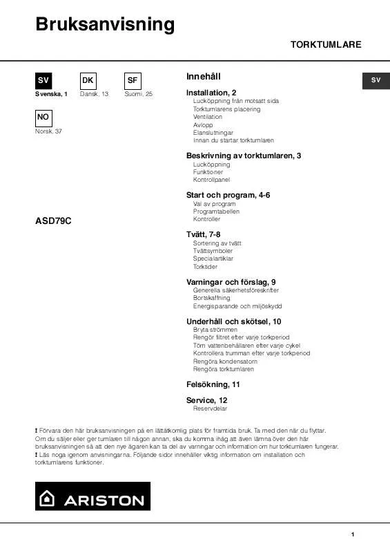 Mode d'emploi HOTPOINT ASD 79 C