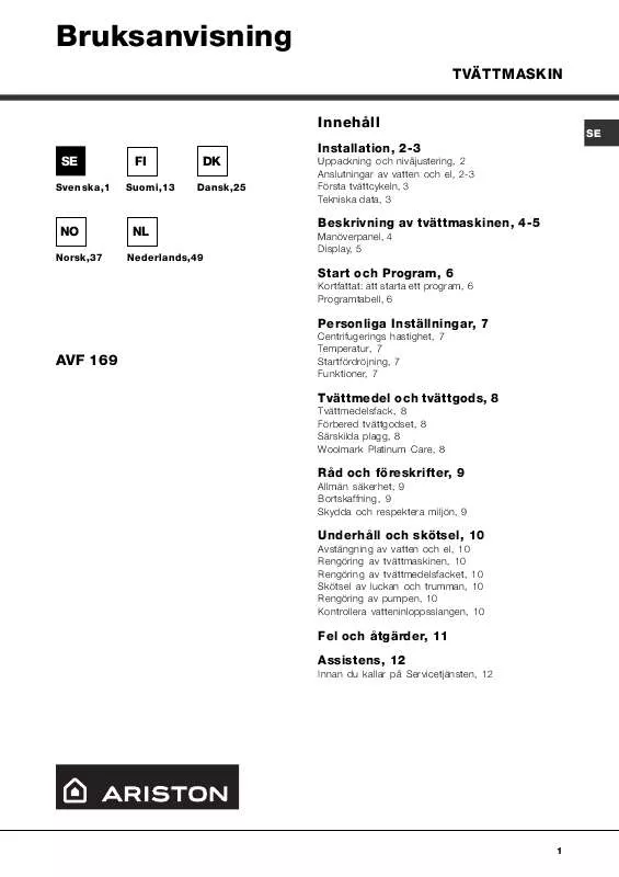 Mode d'emploi HOTPOINT AVF 169