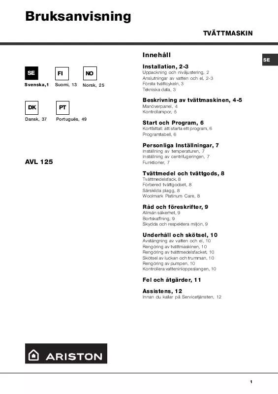 Mode d'emploi HOTPOINT AVL 125