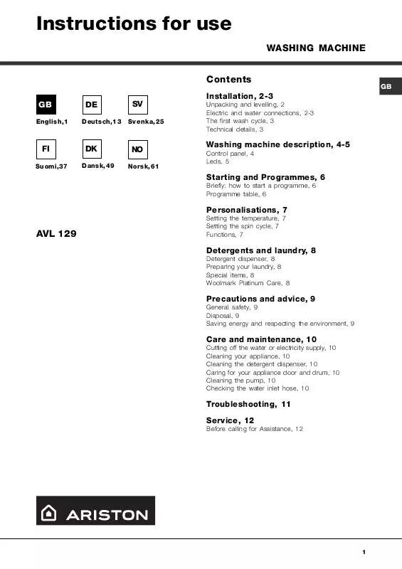 Mode d'emploi HOTPOINT AVL 129