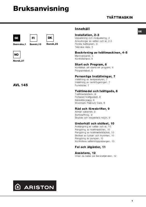 Mode d'emploi HOTPOINT AVL 145