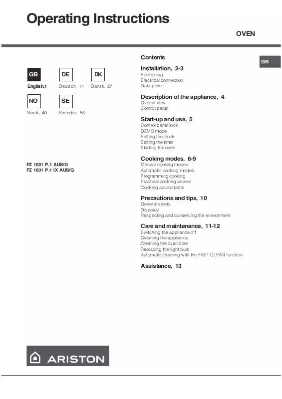 Mode d'emploi HOTPOINT FZ 1031 P.1 IX AUS/G