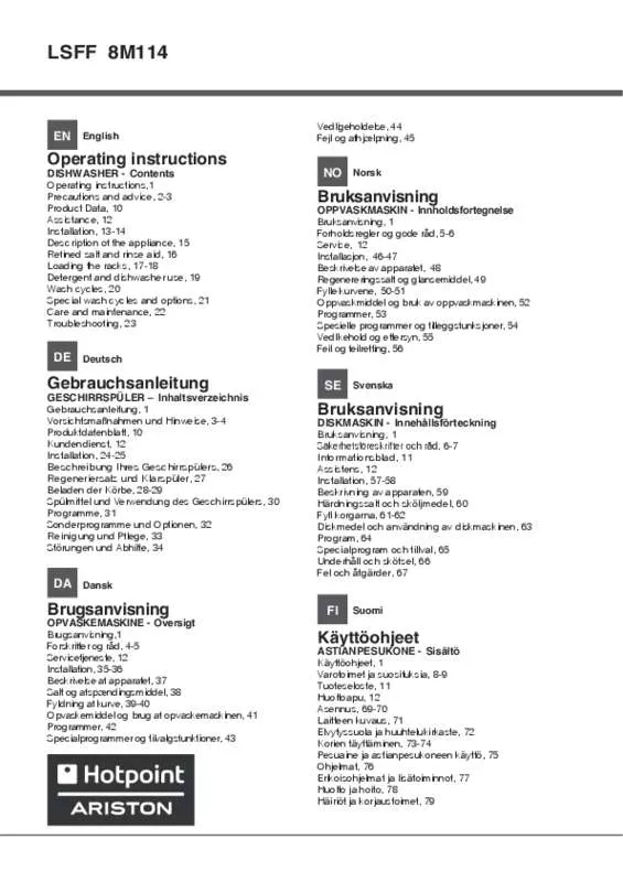 Mode d'emploi HOTPOINT LSFF 8M114 DE/SK