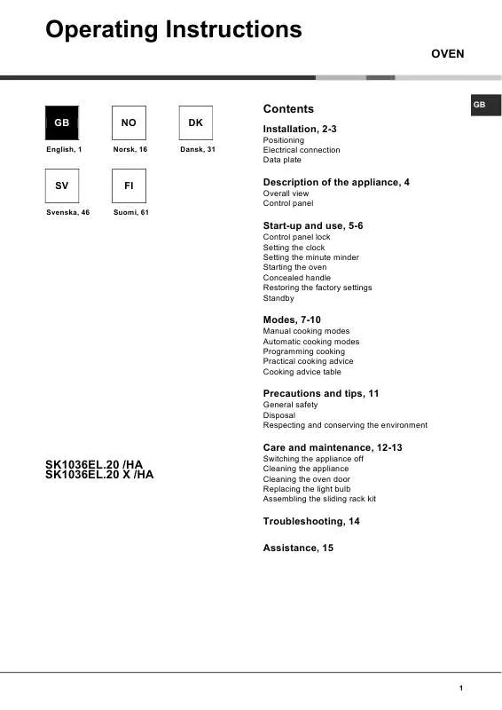 Mode d'emploi HOTPOINT SK1036EL.20 X/HA