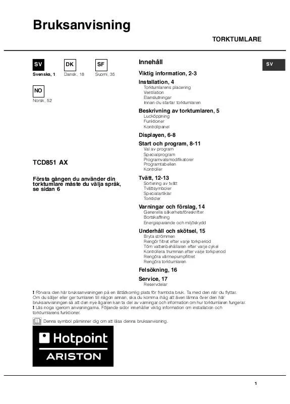 Mode d'emploi HOTPOINT TCD 851 AX