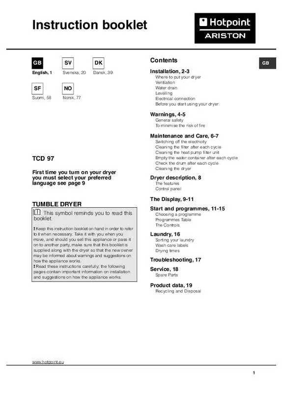 Mode d'emploi HOTPOINT TCD 971 6HY1