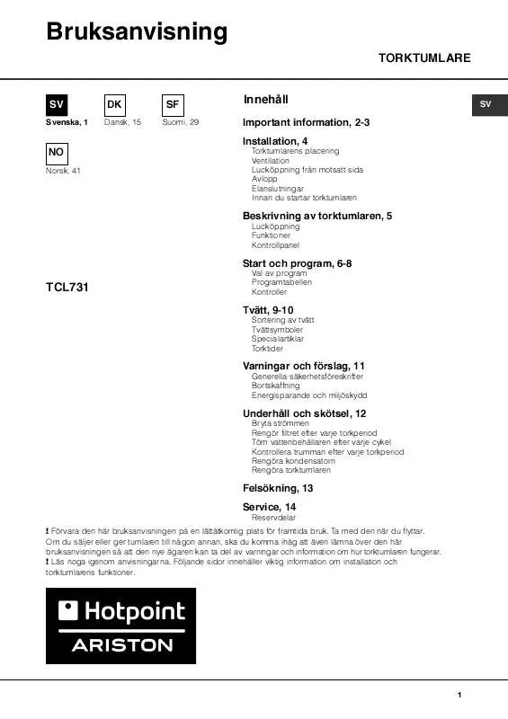 Mode d'emploi HOTPOINT TCL 731