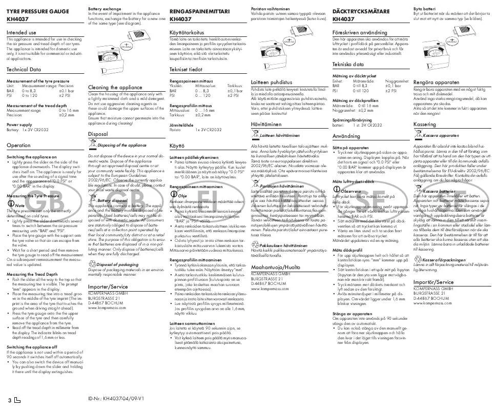 Mode d'emploi KOMPERNASS KH 4037 TYRE PRESSURE GAUGE
