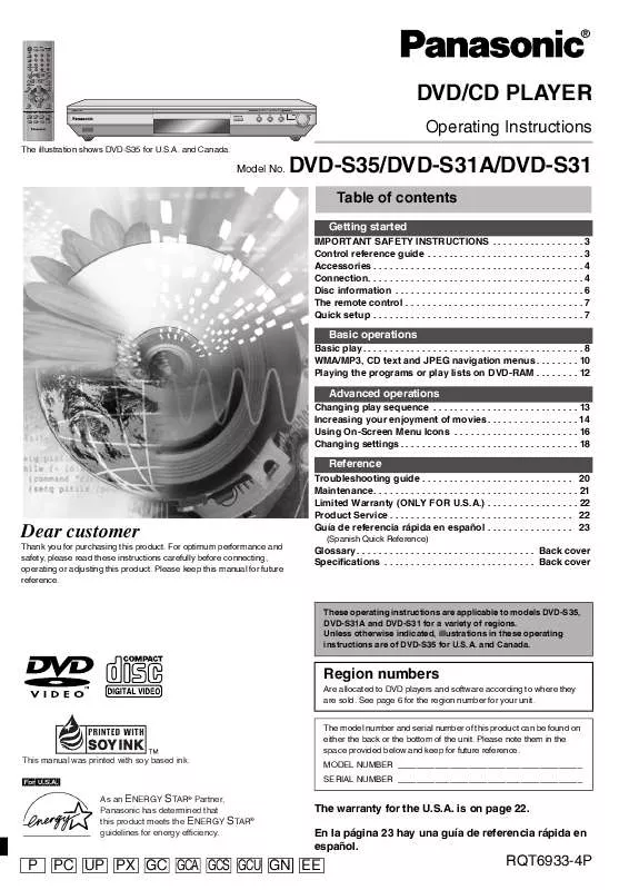 Mode d'emploi PANASONIC DVDS31PC