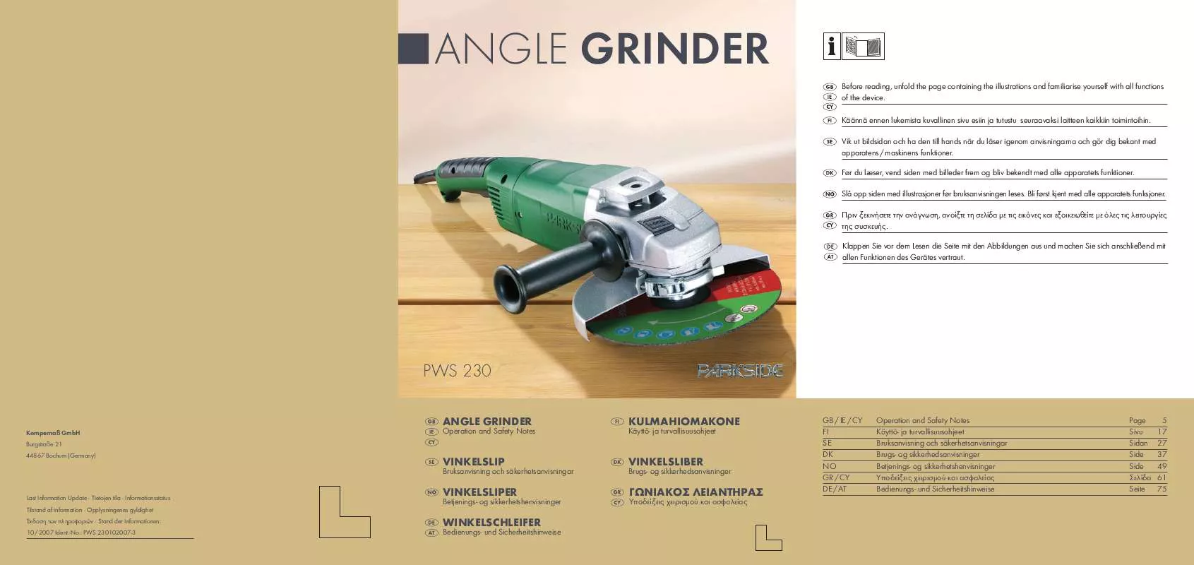 Mode d'emploi PARKSIDE KH 3177 ANGLE GRINDER