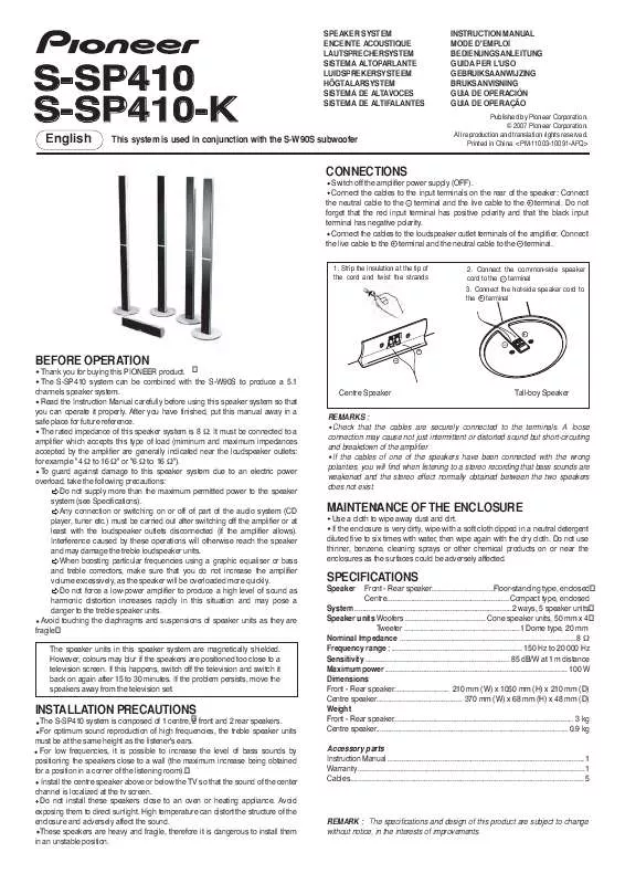 Mode d'emploi PIONEER S-SP410-K