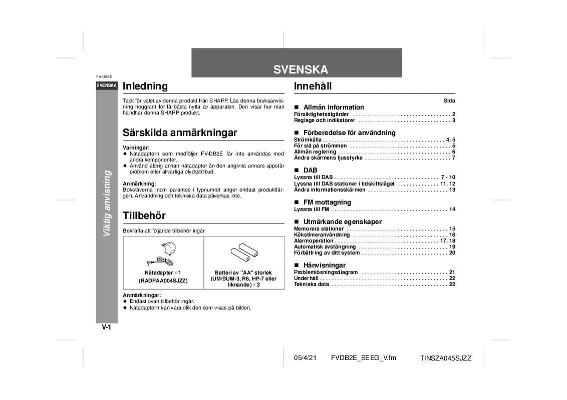 Mode d'emploi SHARP FV-DB2E