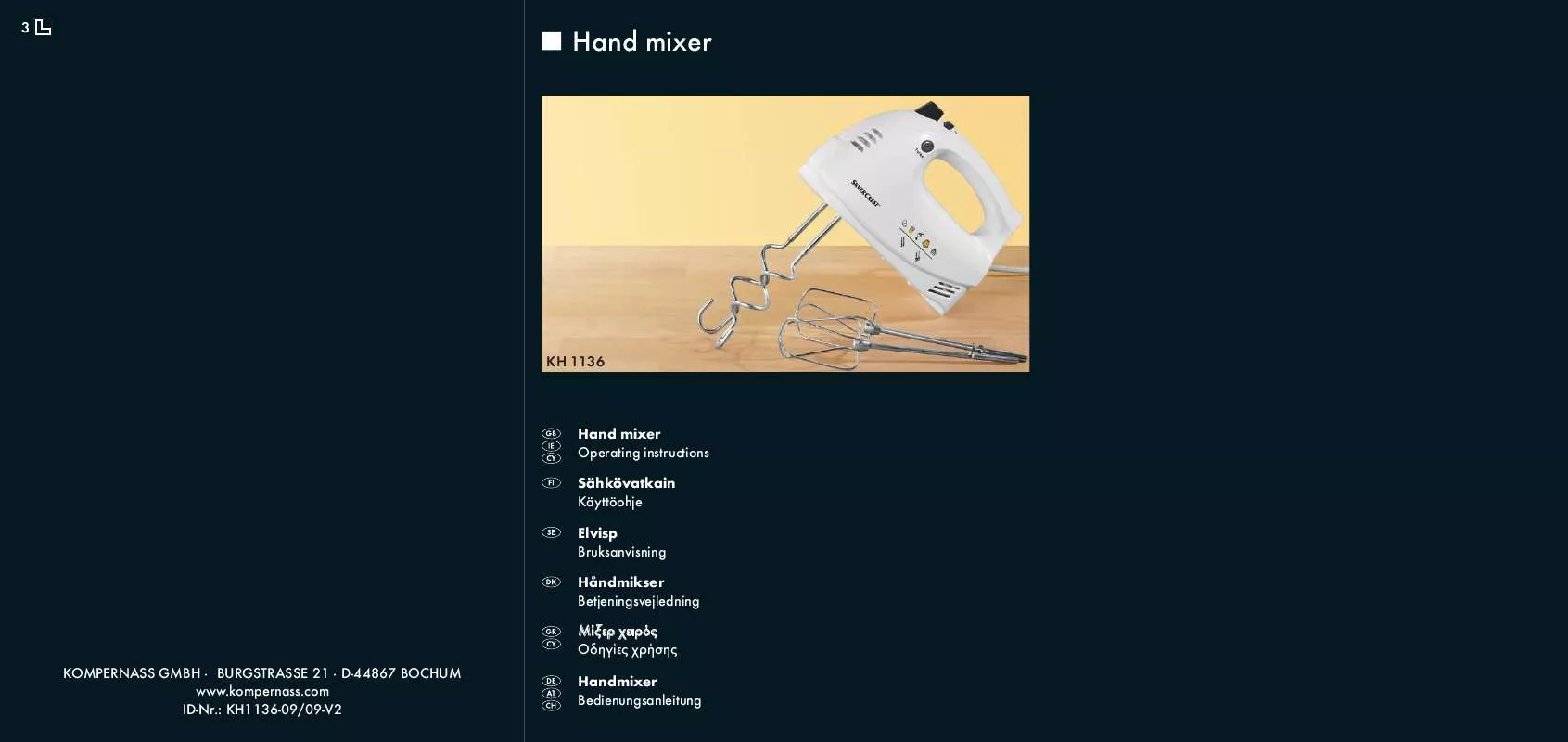 Mode d'emploi SILVERCREST KH 1136 HAND MIXER