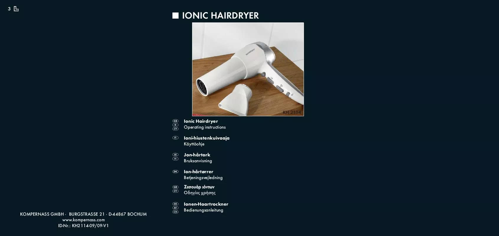 Mode d'emploi SILVERCREST KH 2114 IONIC HAIRDRYER