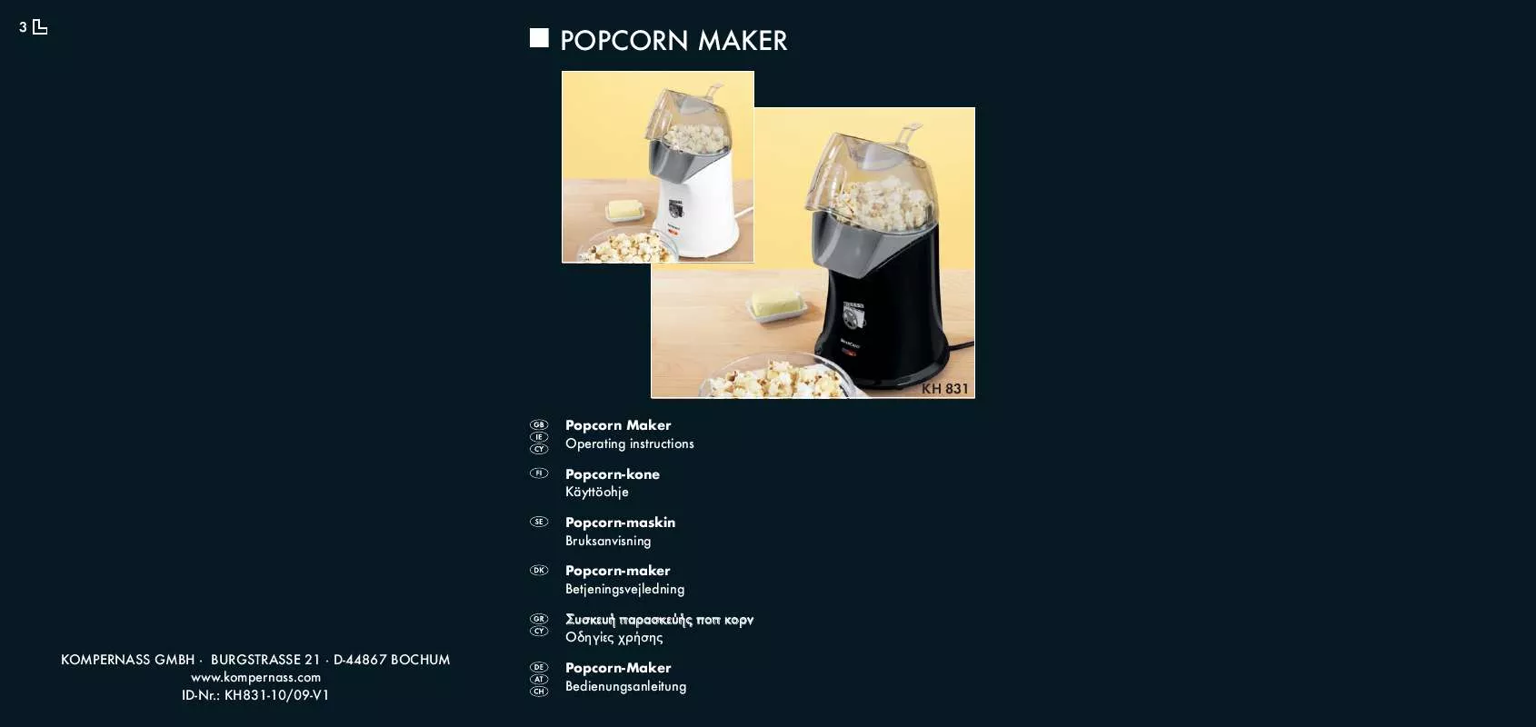 Mode d'emploi SILVERCREST KH 831 POPCORN MAKER