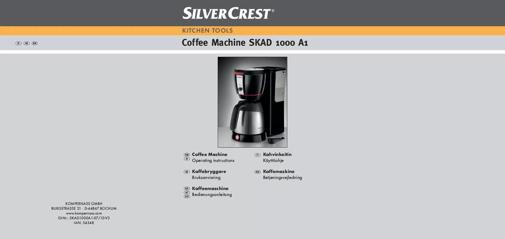 Mode d'emploi SILVERCREST SKAD 1000 A1 COFFEE MACHINE