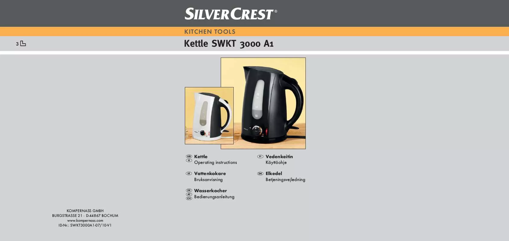 Mode d'emploi SILVERCREST SWKT 3000 A1 KETTLE