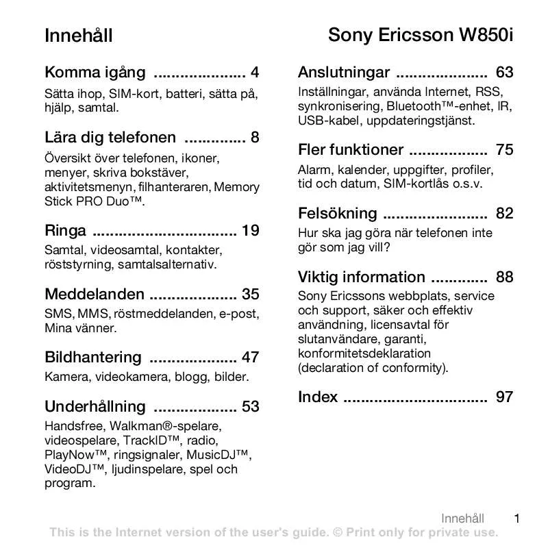 Mode d'emploi SONY ERICSSON W850I