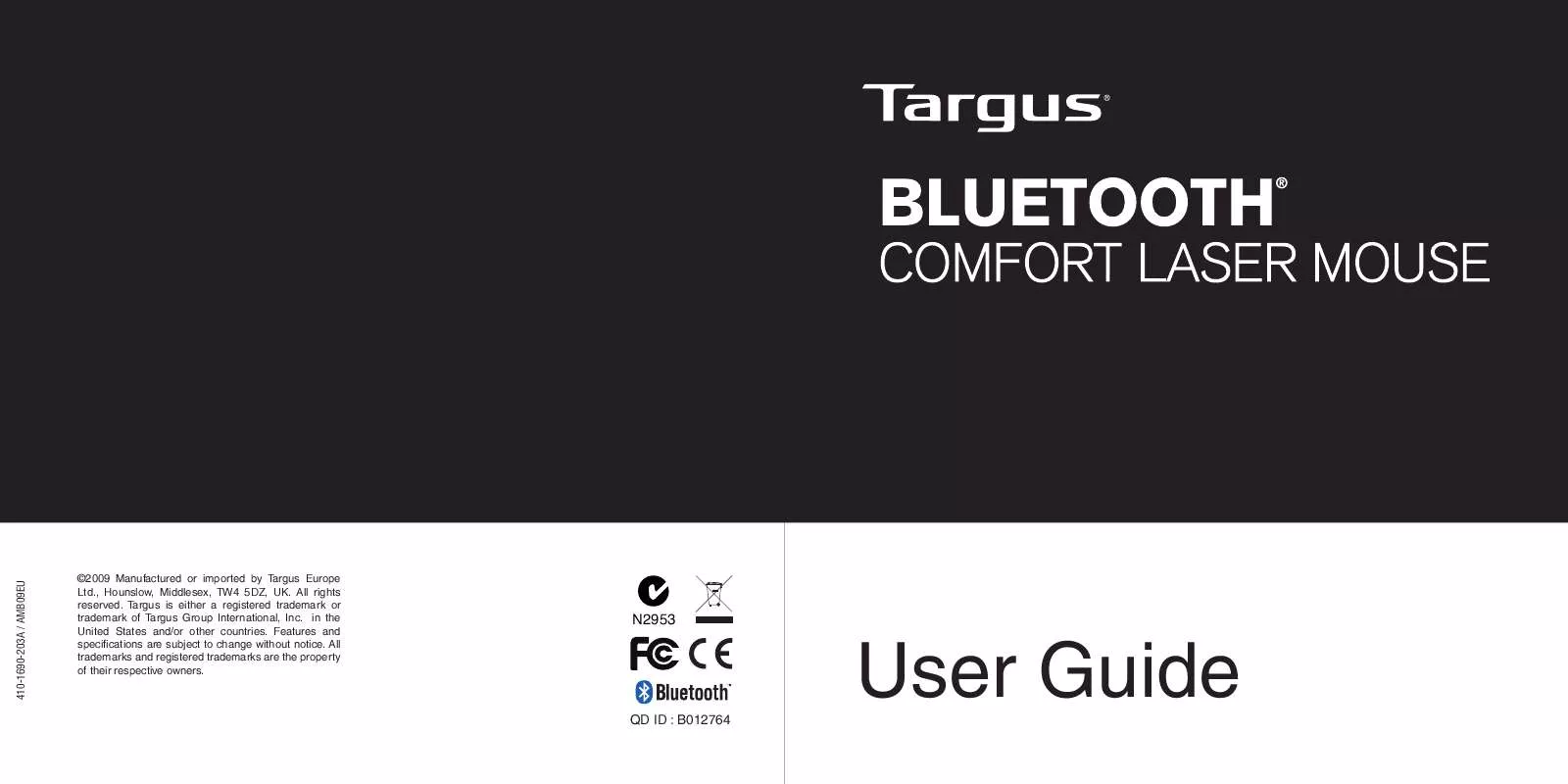 Mode d'emploi TARGUS BLUETOOTH COMFORT LASER MOUSE