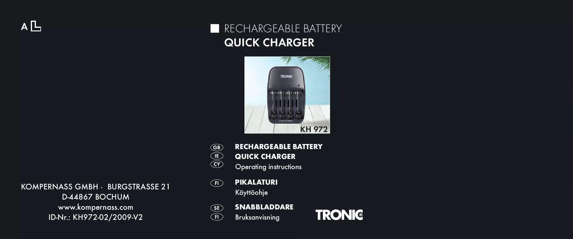 Mode d'emploi TRONIC KH 972 RECHARGEABLE BATTERY QUICK CHARGER