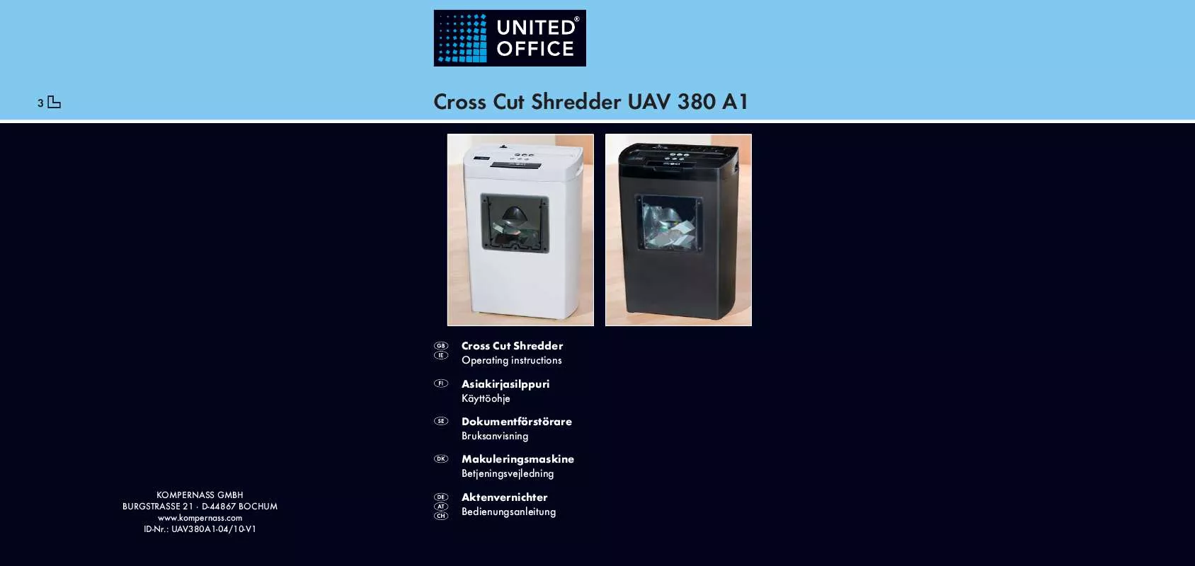 Mode d'emploi UNITED OFFICE UAV 380 A1 CROSS CUT SHREDDER