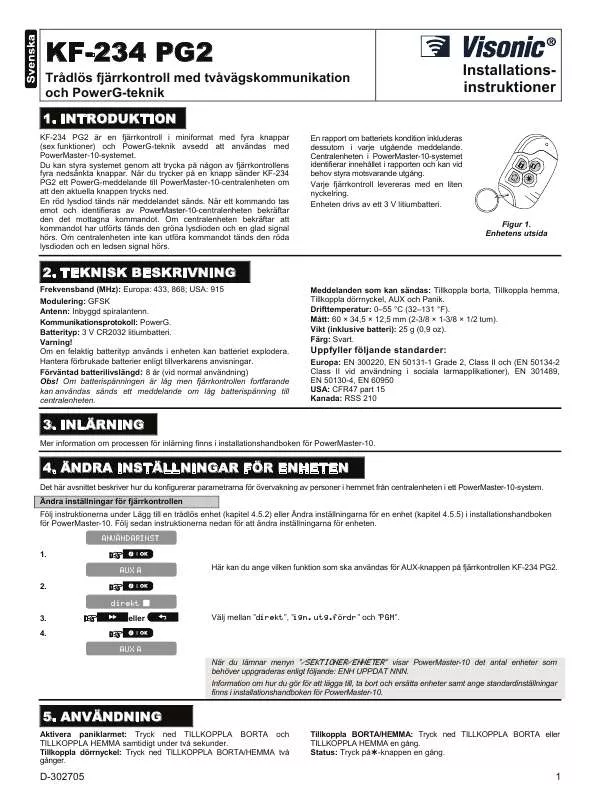 Mode d'emploi VISONIC KF-234 PG2