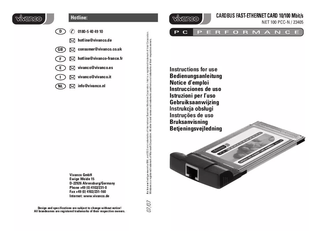 Mode d'emploi VIVANCO CARDBUS FAST-ETHERNET CARD 10-100MB